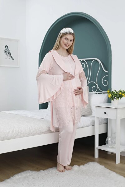 TREND Önden Düğmeli Valon Kol Sabahlıklı Lohusa Hamile Pijama Takımı Pembe - 2361
