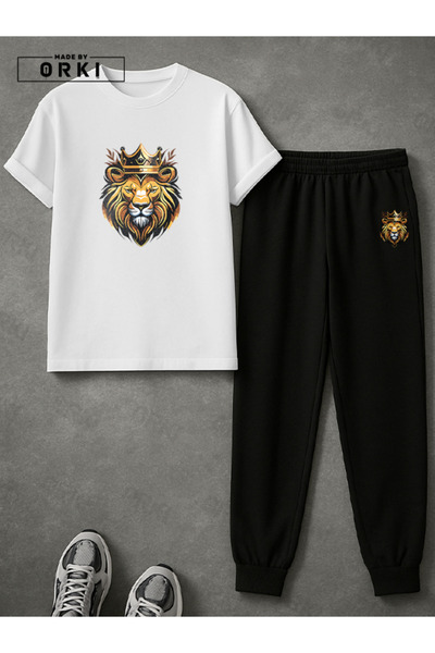 EFFRENATU King of the Street Printed Oversize Large Size White T-Shirt & Black Pants Tracksuit Set