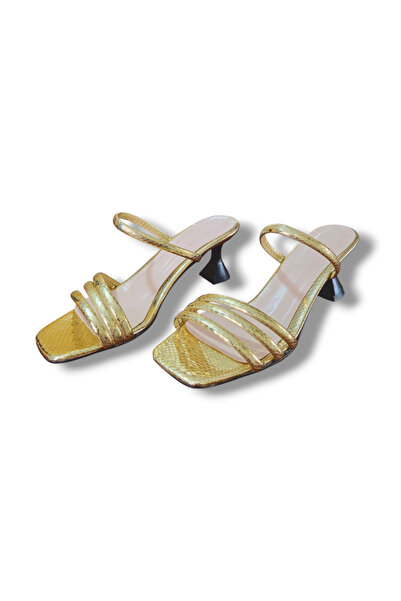 BARONES SHOES Gold Color Mirror Material Black Goblet Heeled Women's Sandals