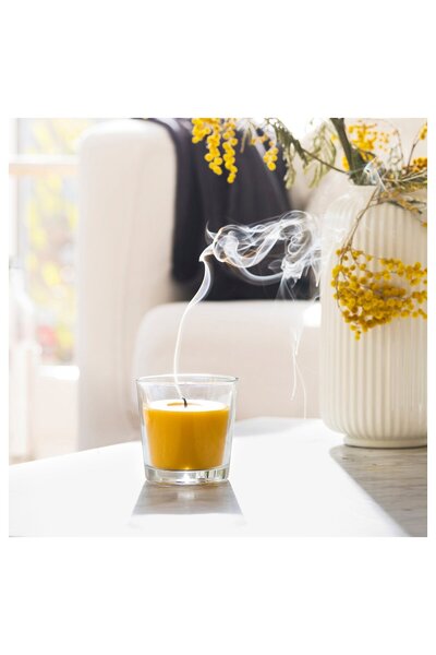 IKEA SVARTOXBÄR Scented candle in glass, Mimosa/yellow, 25 hr
