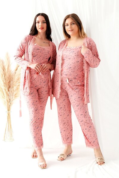 JUPİTER GLOBAL TRADİNG Plus Size Pegasus Women's Pajama Set with Lace Detail on Robe-Dowry Set 2Xl-Pink