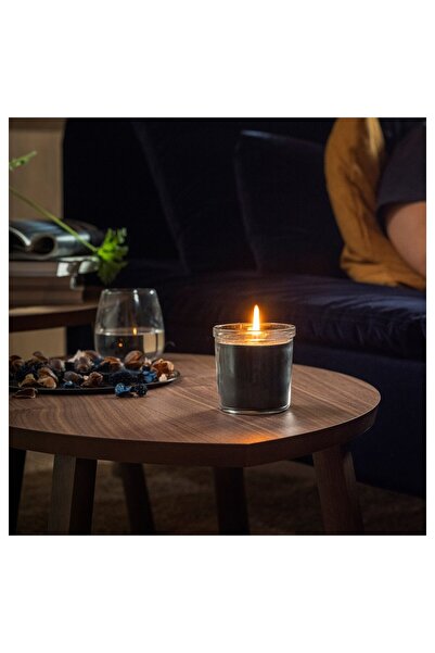 IKEA FRUKTSKOG Scented candle in glass, Vetiver & geranium/black-turquoise, 40 hr