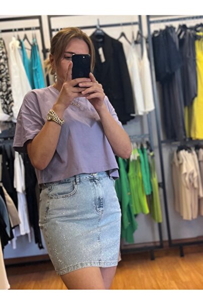 MANDALİNBUTİK Taş detaylı mini kot etek