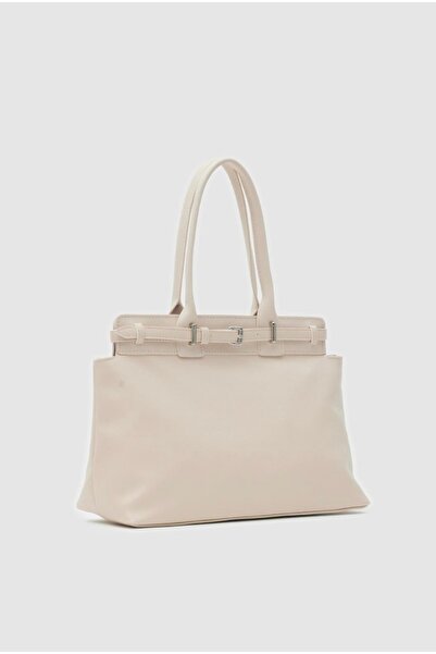 LEVA Krem kemer detaylı deri büyük el çantası