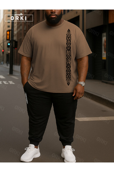 EFFRENATU طقم بدلة رياضية مكون من تي شيرت بني فاتح مقاس كبير وبنطلون أسود بتص...