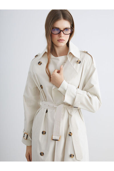 LC Waikiki Ecru Jacket Collar Oversize Women's Trench Coat