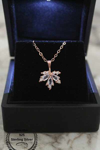 carrot silver 925 Ayar Gümüş Çınar Yaprağı Beyaz Taşlı Kolye-Rose Renk-Hediye...