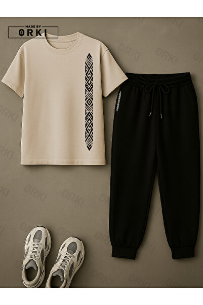 EFFRENATU Trendy Stylish Printed Plus Size Beige T-Shirt & Black Pants Tracksuit Set