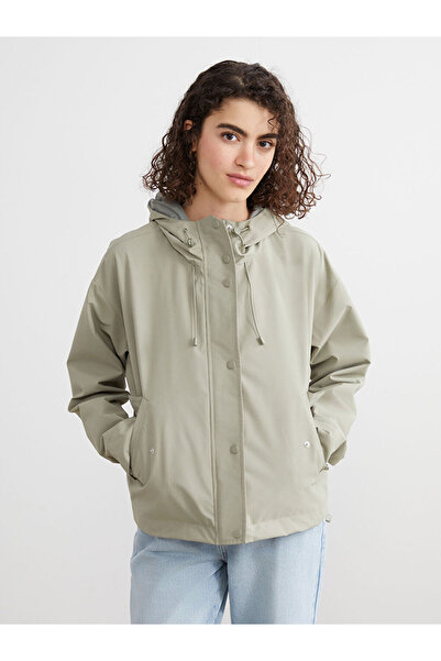 LC Waikiki Khaki Hooded Oversized Leather Look Women's Raincoat