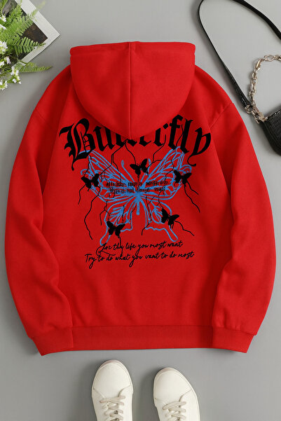 CLASSY.MODA Unisex Oversize 3 Thread Hoodie 🦋 ✨   Butterfly Patterned Hooded Sweatshirt Casual Streetwear Style
