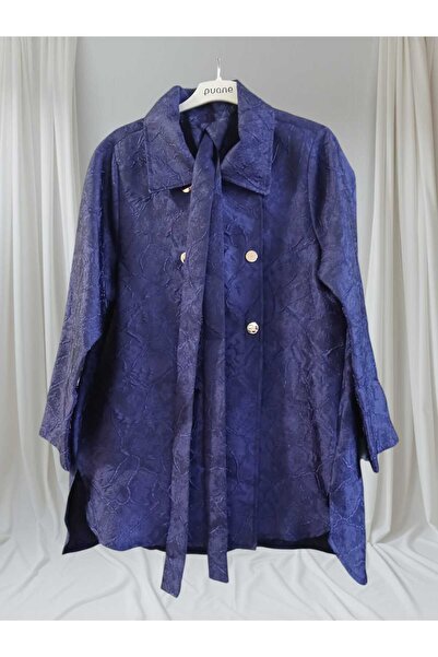 Melike Tatar Women's Navy Blue Jacquard Mobile Belted Cap Jacket