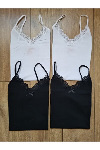 Demirsa Boutique Women's 4-Pack Lace Cotton Tank Top with Straps Black, White