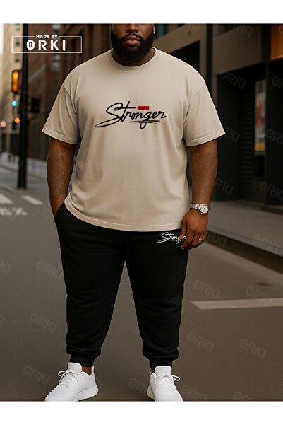 EFFRENATU Stay Strong Printed Plus Size Beige T-Shirt & Black Pants Tracksuit Set