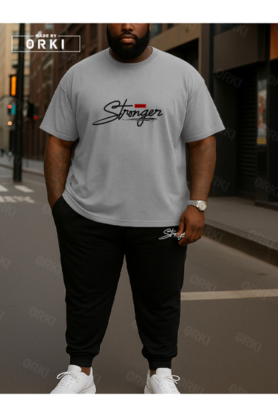 EFFRENATU Stay Strong Printed Oversized Gray T-Shirt & Black Pants Tracksuit Set