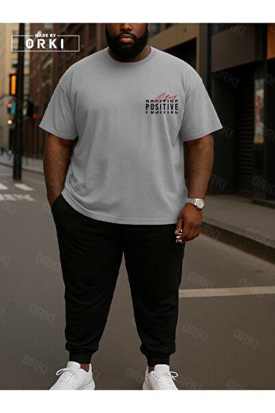 EFFRENATU Positive Thick Printed Plus Size Gray T-Shirt & Black Pants Tracksuit Set