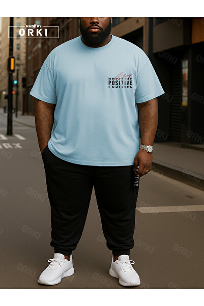 EFFRENATU طقم بدلة رياضية مكون من تي شيرت أزرق فاتح مقاس كبير مطبوع عليه عبار...