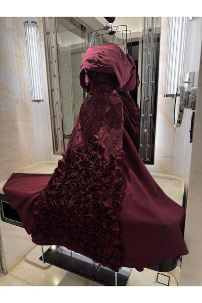 MY.SIZE فستان سهرة لون بورقندي دانتيل بتطريز خرز مع ترتر