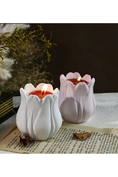 Minik Mucizeler 2'li pembe beyaz lale şeklinde mumluk yılbaşı hediyesi