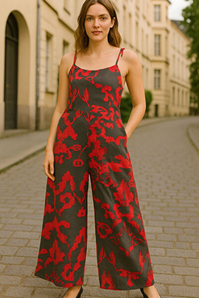 SheLoria Women's Red Gray Double Pocket Strap Casual Modal Jumpsuit