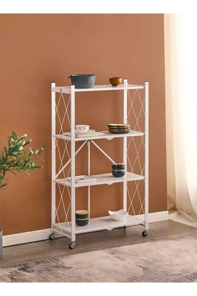 AGD وحدة رفوف معدنية، 4 طبقات، قابلة للطي مع عجلات، لون أبيض