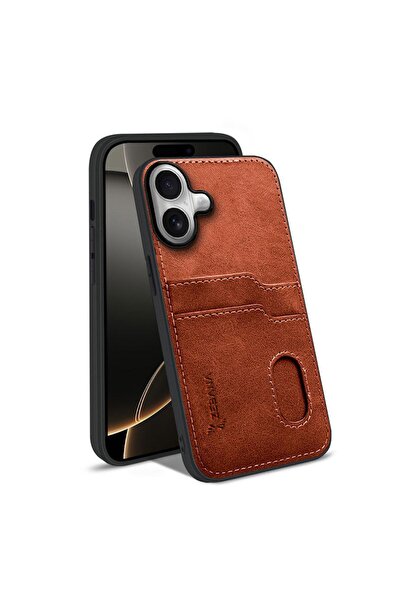 Zebana Apple iPhone 17 Uyumlu Kılıf Kartlıklı Lüx Deri Kılıf Kahverengi
