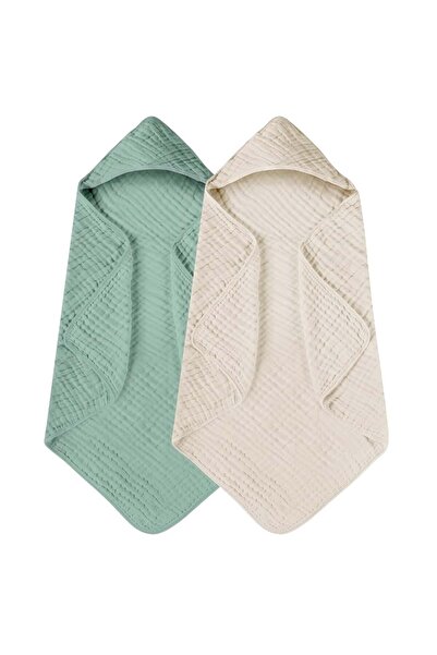 BabySnugg 2x Hooded bath towel for babies - 80x80cm, 0-3 years, soft, 100% cotton, Green with Beige