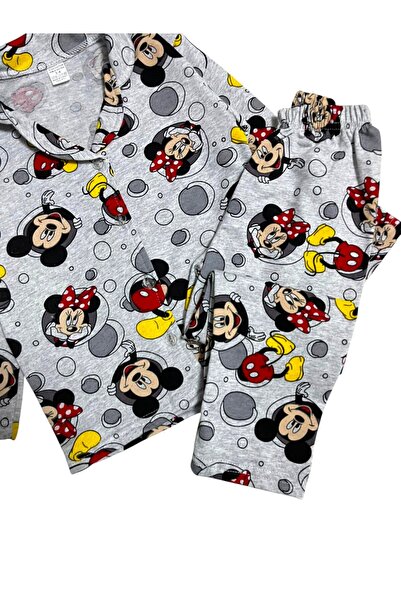 Fil Kids Girl's 100% Cotton Gray Mouse Patterned Shirt Collar Buttoned Pajama Set