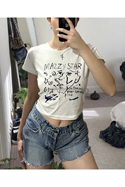 StartMore White Women's Top with Printed Crew Neck Baby Print in Waist Boy Crop