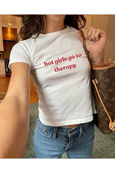 StartMore Beyaz Beyaz Baby Tee Üst Bel Boy Crop Tişört Likralı Dtf