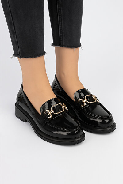 AYDOĞDU by ünal Black Patent Leather Loafer with Buckle Daily Women's Shoes
