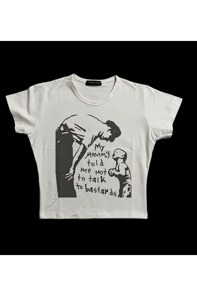 StartMore Bej Kadın Üste Oturan Kalıp Bel Boy Crop Baskılı Bisiklet Yaka Baby