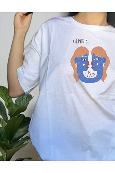 StartMore White White Oversized T-Shirt Unisex Dtf Printed Gemini Gemini Zodi...