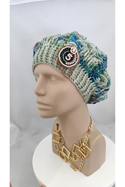 drt tasarım Tasarım El Örgüsü Tığ İşi Tasarım Yeşil Mavi Batik Broş Süslemeli Artisan Ressam Bere