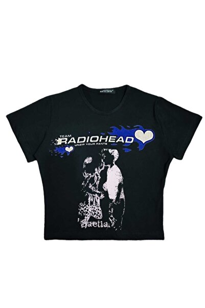 StartMore Black Women's Printed Crew Neck Baby Top with Waist Boy Crop