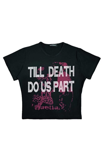 StartMore بلوزة نسائية سوداء مطبوعة بياقة دائرية وقصيرة من الخصر