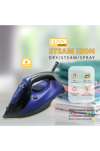 Denx Steam Iron – 2200W Power, Dry/Steam/Spray Functions, Non-Stick Teflon Soleplate, Temperature Control