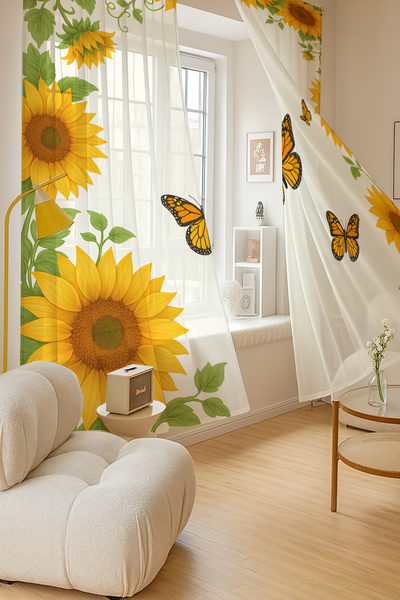 Else Dekor Κουρτίνα από τούλι με μοτίβο λουλουδιών ηλίανθου με διπλά φτερά για σαλόνι σαλόνι κουζίνα 140x260cm