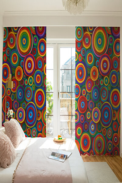 Else Dekor Colorful Retro Ring Pattern Double Winged Tulle Curtain for Living Room Hall Kitchen 140X260Cm