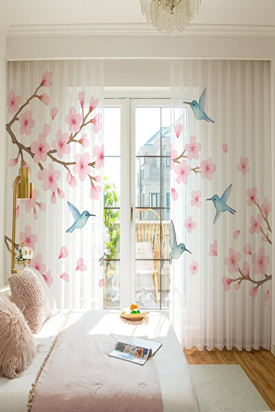 Else Dekor Ανοιξιάτικο θέμα Ροζ λουλούδια με μοτίβο πουλιών με διπλά φτερά τούλι κουρτίνα σαλονιού Σαλόνι κουζίνα
