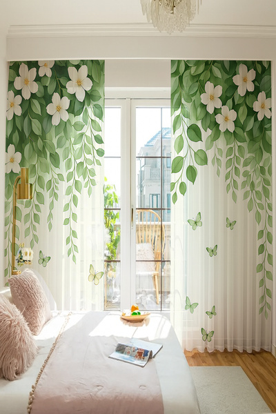 Else Dekor Green Leafed Flowers Butterfly Patterned Double Winged Tulle Curtain Living Room Hall Kitchen