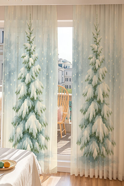 Else Dekor Winter Themed Pine Tree Patterned Double Winged Tulle Curtain Living Room Hall Kitchen 140X260Cm