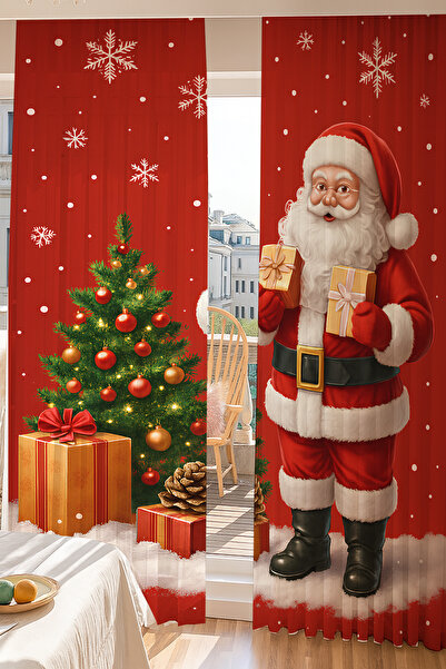 Else Dekor Κουρτίνα από τούλι με μοτίβο Άγιου Βασίλη και πεύκου με διπλά φτερά για σαλόνι κουζίνα 140x260cm