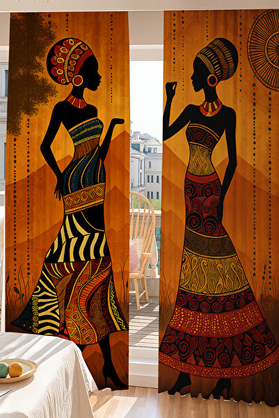 Else Dekor African Ethnic Woman Patterned Double Winged Tulle Curtain for Living Room Lounge Kitchen 140X260Cm