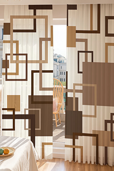 Else Dekor Καφέ Γεωμετρικό τετράγωνο σχέδιο με διπλό φύλλο τούλι κουρτίνα για σαλόνι σαλόνι κουζίνα 140x260cm