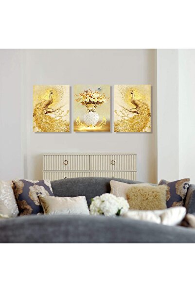 Today Idea مجموعة من ٣ لوحات فنية جدارية من "توداي آيديا" | مطبوعات طاووس ذهبي وزهور لتزيين المنزل والمكتب