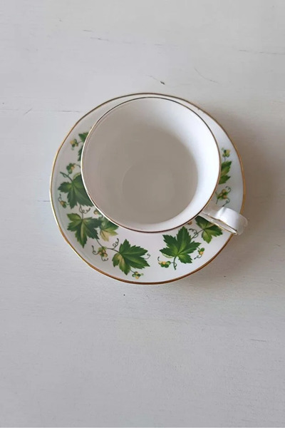 ABBETC Queen Anne Bone China Green Leaf Patterned Double Coffee Cup 2 Pieces 120 ml