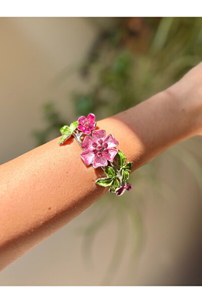 lesuvera Çelik Pembe Çiçekli Doğa Temalı Vintage Gümüş Kelepçe Bilezik Ayarla...