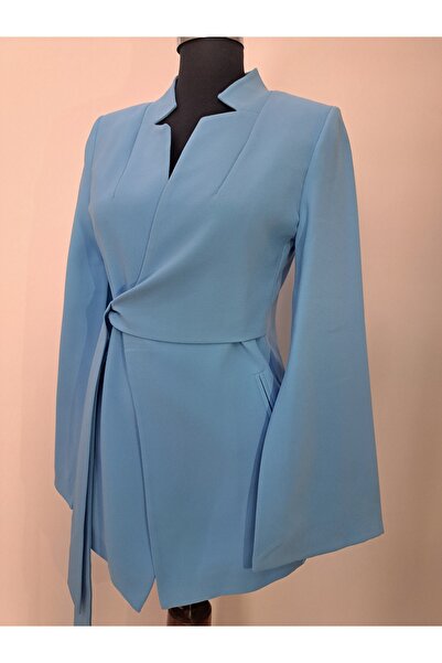 MODA Bağlama Detaylı Tasarım Kol Detaylı Mavi Rengi Asimetrik Ceket