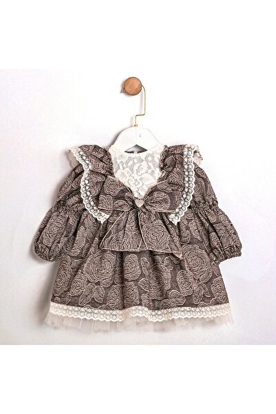 ministok Lisa Baby Girl Floral Patterned Lace Detailed Ruffled Special Occasion Dress