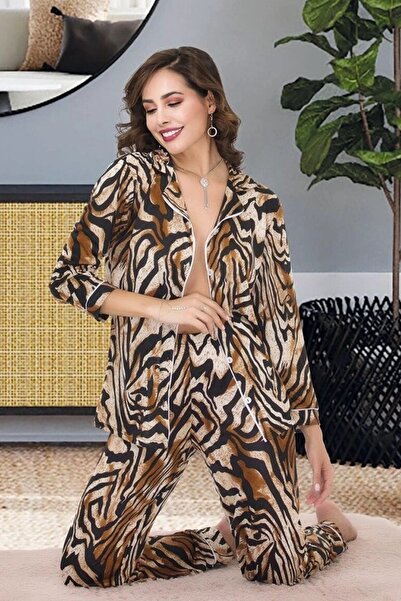 Viselya Σετ πιτζάμες σιφόν Λεοπάρ μοτίβο τεμαχίων